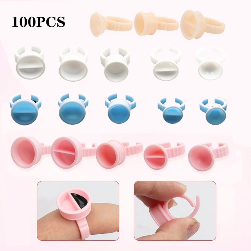 

100Pcs Glue Rings Eyelash Glue Fan Cup Lash Extension Supplies Accesories Makeup Wholesale Pink Blue White Disposable Glue Ring