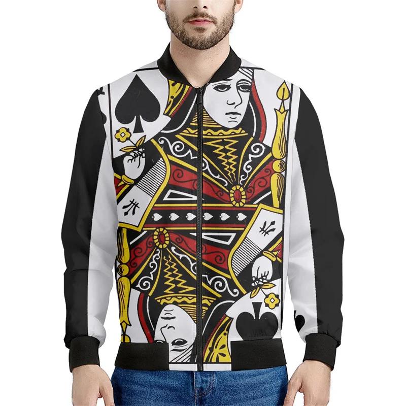 thumbnail image 1 of Chaqueta con estampado de naipes para hombre, chaqueta con cremallera y estampado 3D de póquer, informal, holgada, con cremallera, estilo bomber, 1 of 5