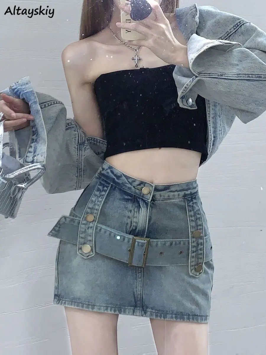 

Mini Skirts Women Summer Hotsweet Denim Vintage Distressed Slim High Street American Style A-line Chic Hip Hop Designed Harajuku