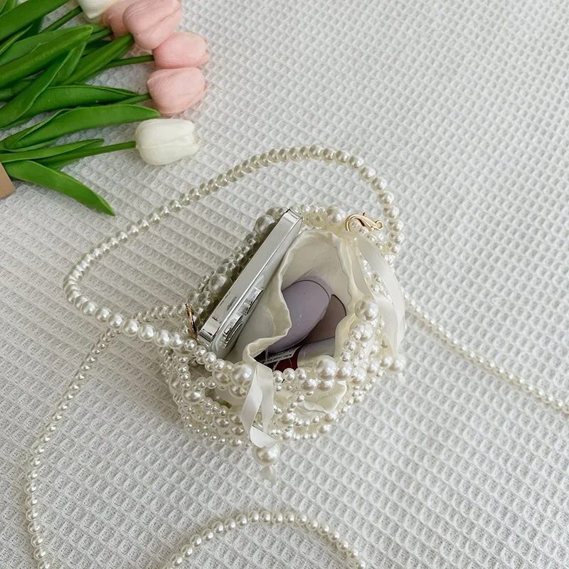Summer New Hollow Pearl Handheld Womens Bag Diy Handmade Beaded Handheld Bag Small Mini Phone Bag New