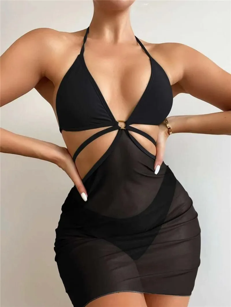 

New Women's Bikini Set Swimming Beachwear Sexy Bandage Mesh Skirt Summer Holiday Three Piece Bathing Suit Green Black Outfits