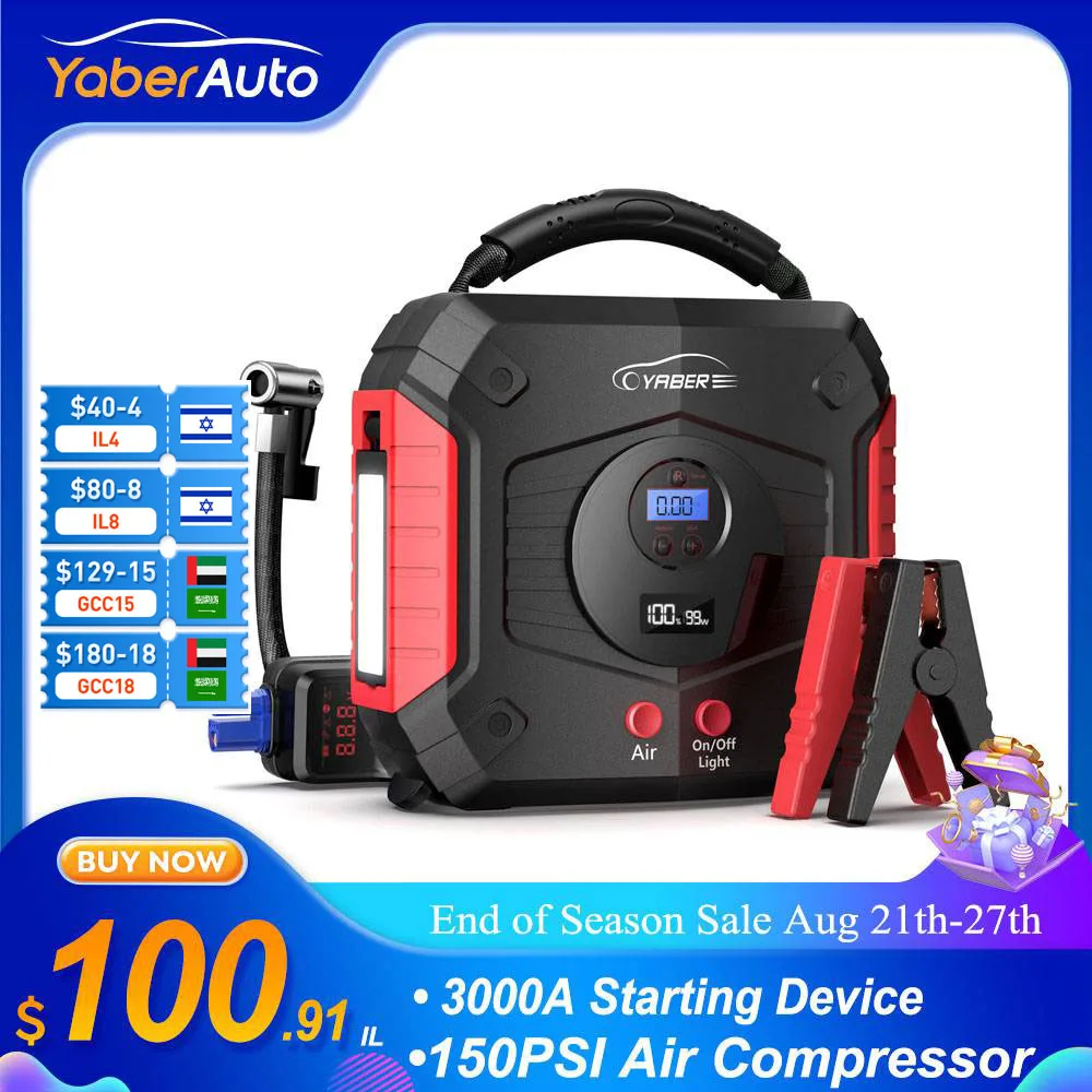 YABER 4 in 1 Auto Starter 3000A Starthilfe 24800mAh Power Bank Batterie  Booster 150PSI Luft Kompressor Reifen Pumpe ausgangs Gerät - AliExpress