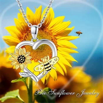Female Charm Heart Sunflower Bee Animal Pendant Necklace Vintage Silver Color Wedding Jewelry For Women