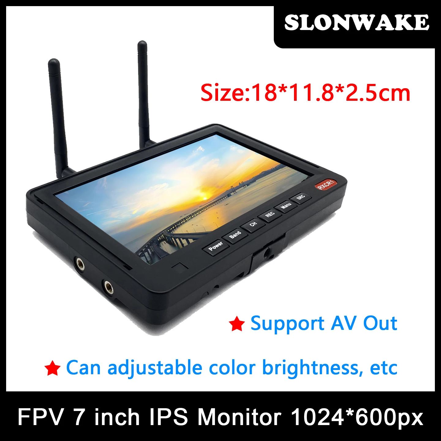 RXCR1 moniteur FPV 1024x600, récepteur diversité intégré, batterie 3000mAh, vue arrière des connectiques
