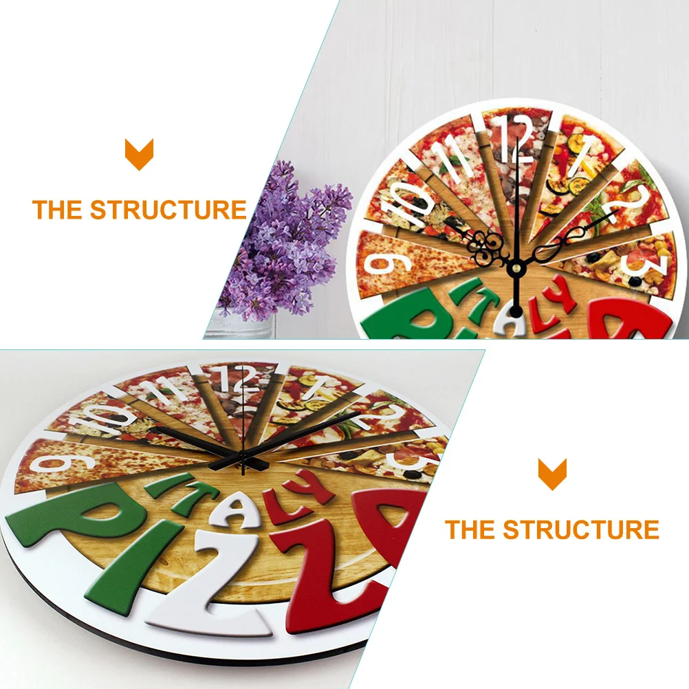 Modern Silent Pizza Wall Clock Fiber Wood Home Decor Living Room Battery Operated Non Ticking Large Style