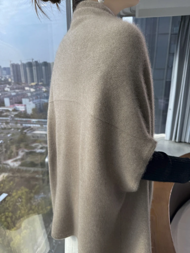 100% Merino Wool Shawl Women's Knitted Sleeveless Cardigan Autumn Winter Thick Warm Solid Color Cape Fashion Korean Loose Jacket 2