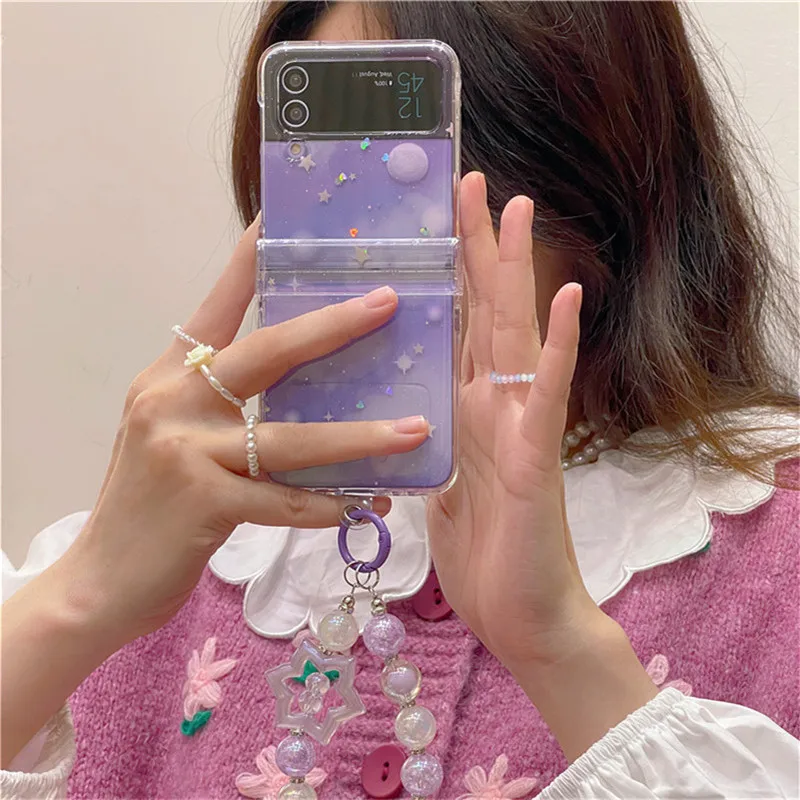 Per Samsung Galaxy Z Flip 4 3 Custodie Per Telefoni Fashion Glitter Star Planet Bracciale Custodia Antiurto Per Samsung Z Flip4 Flip3