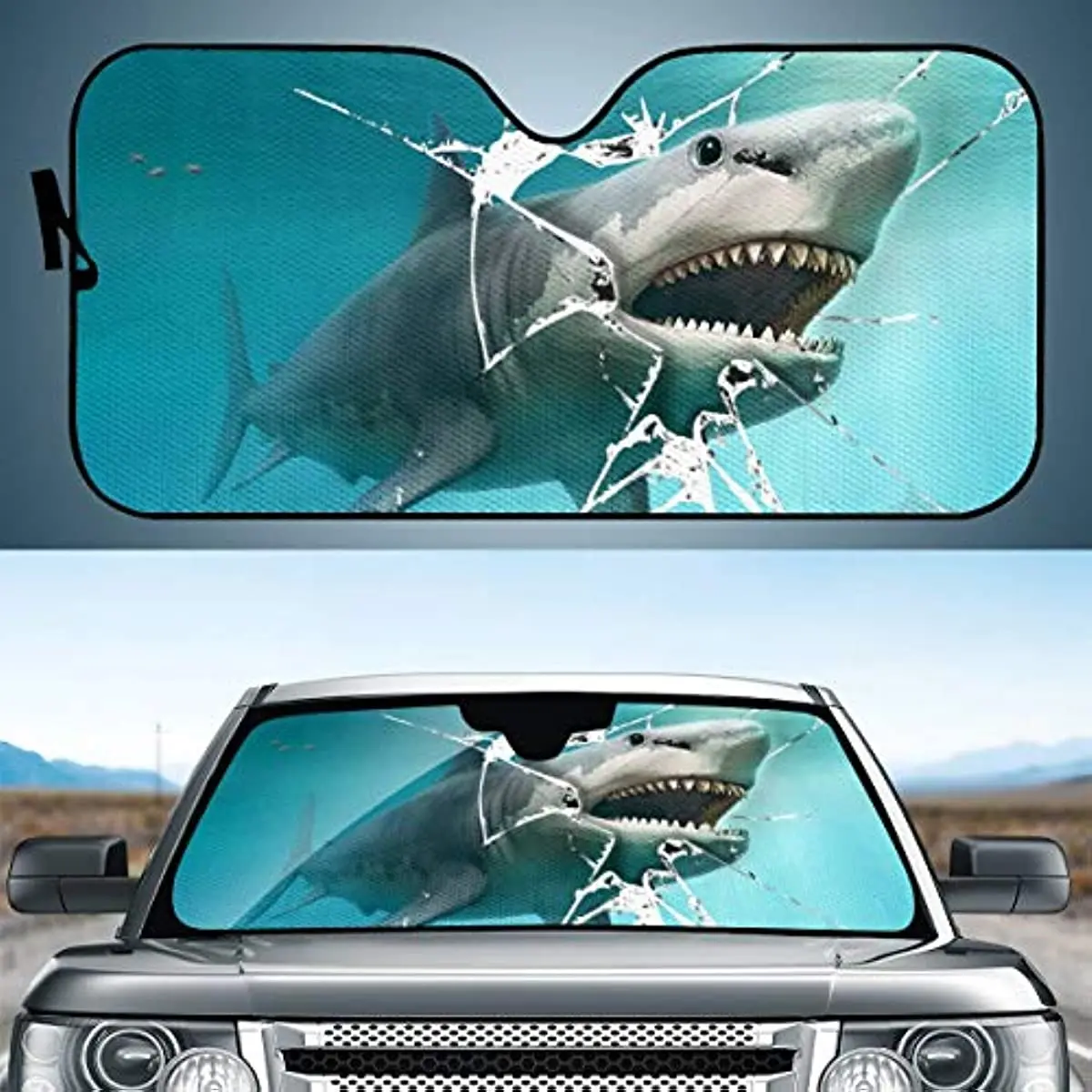 

HUGS IDEA Shark Breaking Through Glass Front Windshield Sun Shade Accordion Folding Auto Sunshade for Car Truck SUV-Blocks UV Ra