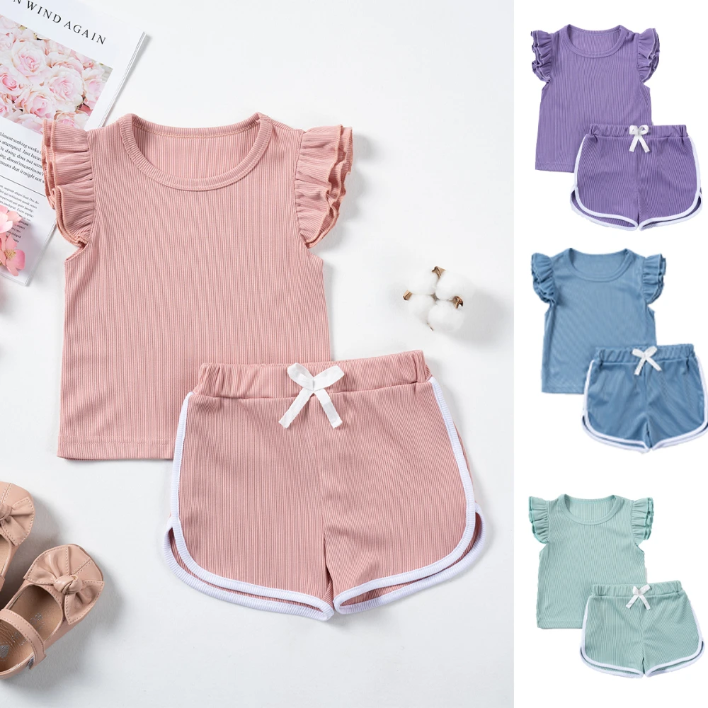 

Summer Girl's Suit Solid Color Children's Clothing Casual Two Pieces Dash Sleeve Top + Bowknot Sports Shorts Comfortable Smooth
