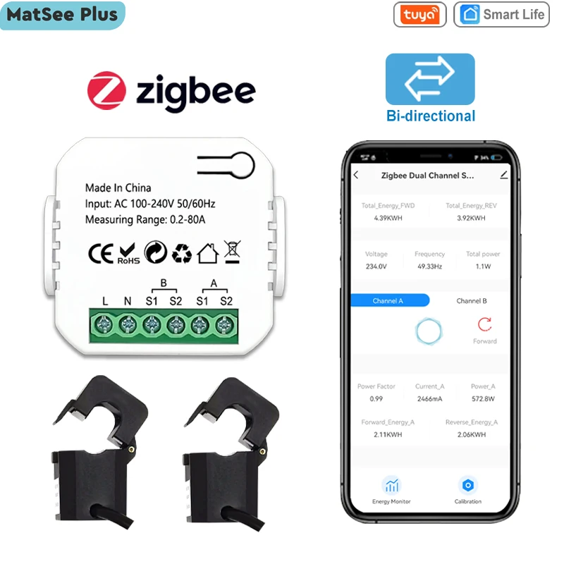 Energy Clamp Meter, Voltage Current Meter, Energy Monitor ZigBee Energy Meter 1 2 Channel Current Sensor Tuya Smart App 80A 110V/240V Gateway Required