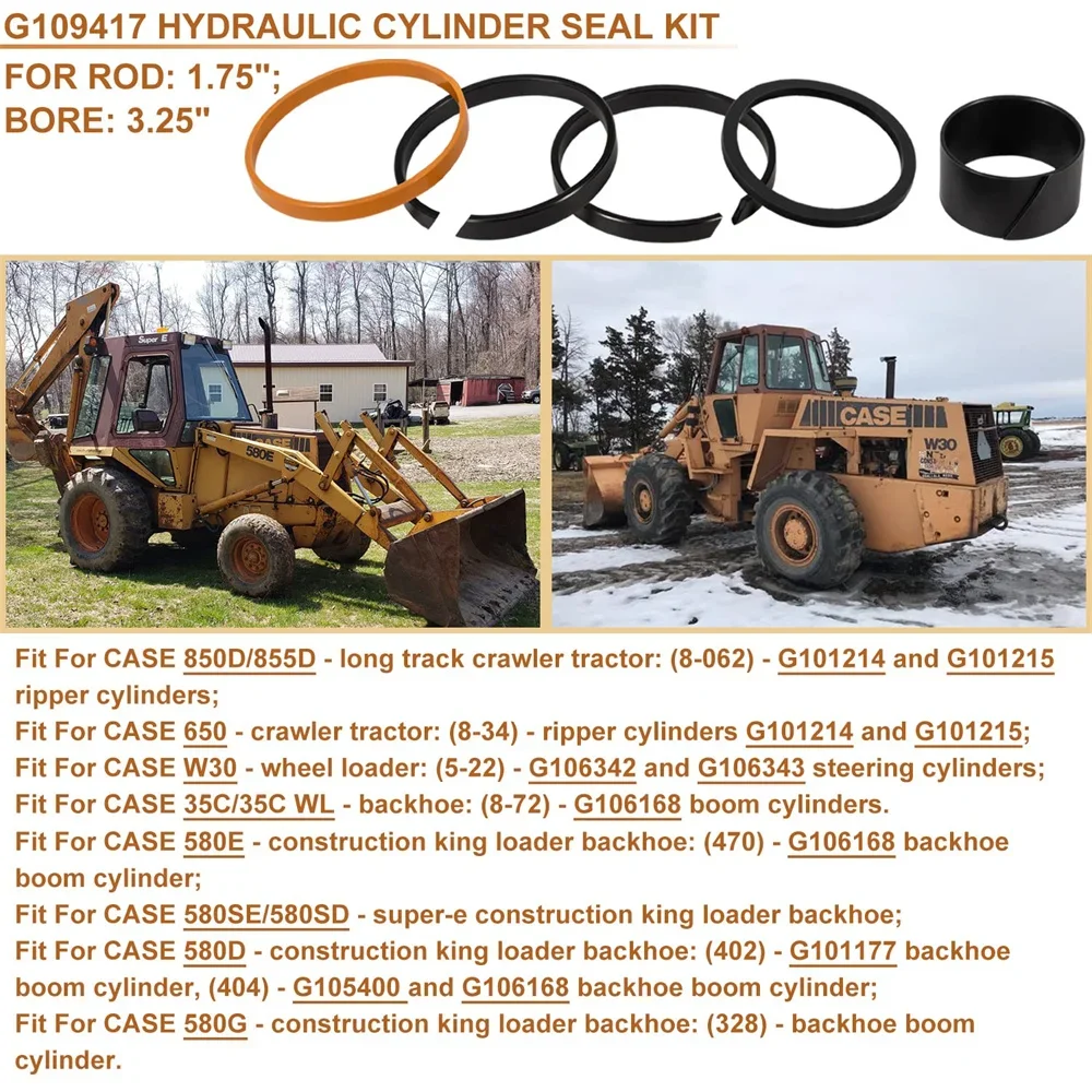 Hydraulic Cylinder Seal Replacement Kit G109417 for Case 650 850D 855D W30, 35C 35CWL 580B 580D 580E 580G 580SD 580SE Rod: 1.75"