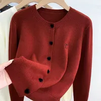 2025 Women O-Neck Single Breasted Heart Button Sweater Bow Embroidery Knitted Cardigan Korean Casual Solid Color Knitting Tops