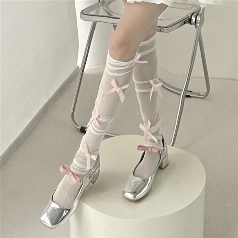 Frauen sexy Band Bogen Socken lange Rohr kniehohe Lolita weiße Strümpfe dünne Stapel von Socken Abschnitt Mesh reine Wunsch Spitze Strumpfwaren – Detail 6