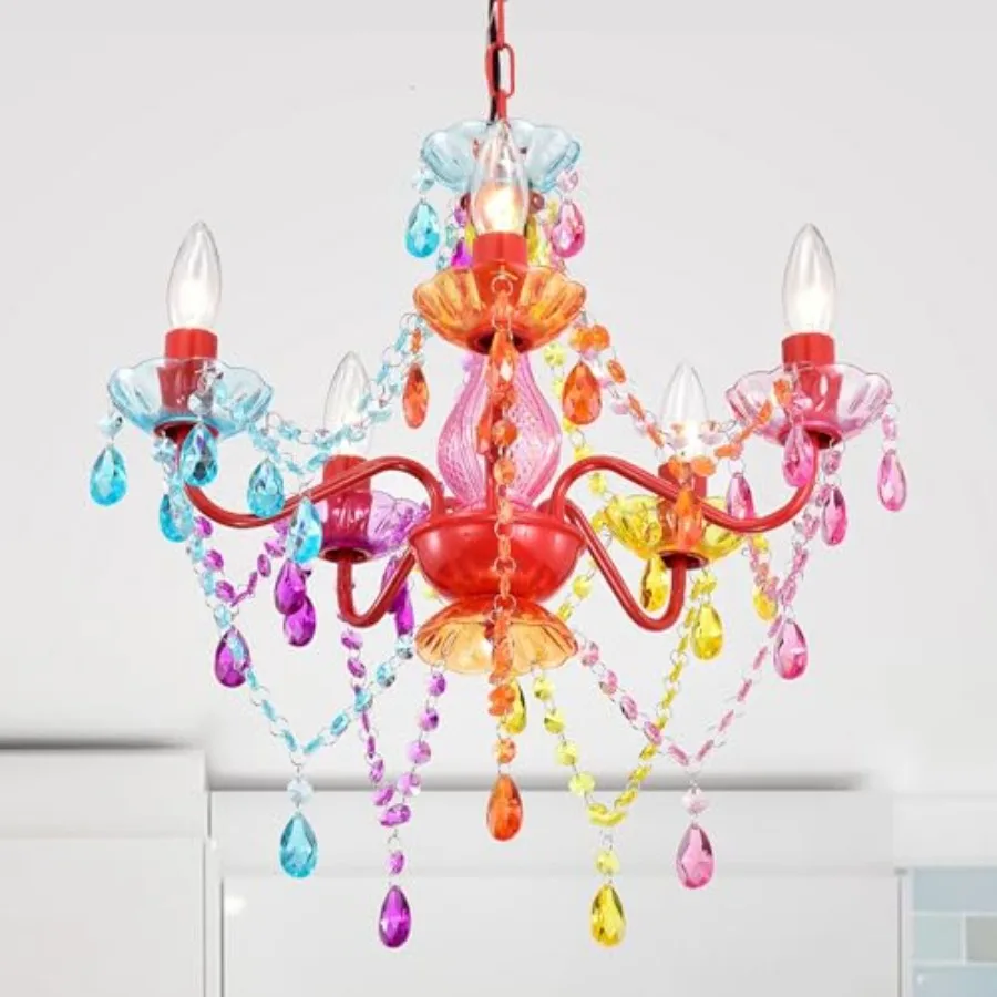 Colorful Small Crystal Chandelier for Girls Bedroom 5-Light Acrylic Chandelier Lighting Fixture Room Nursery Ceiling Light for