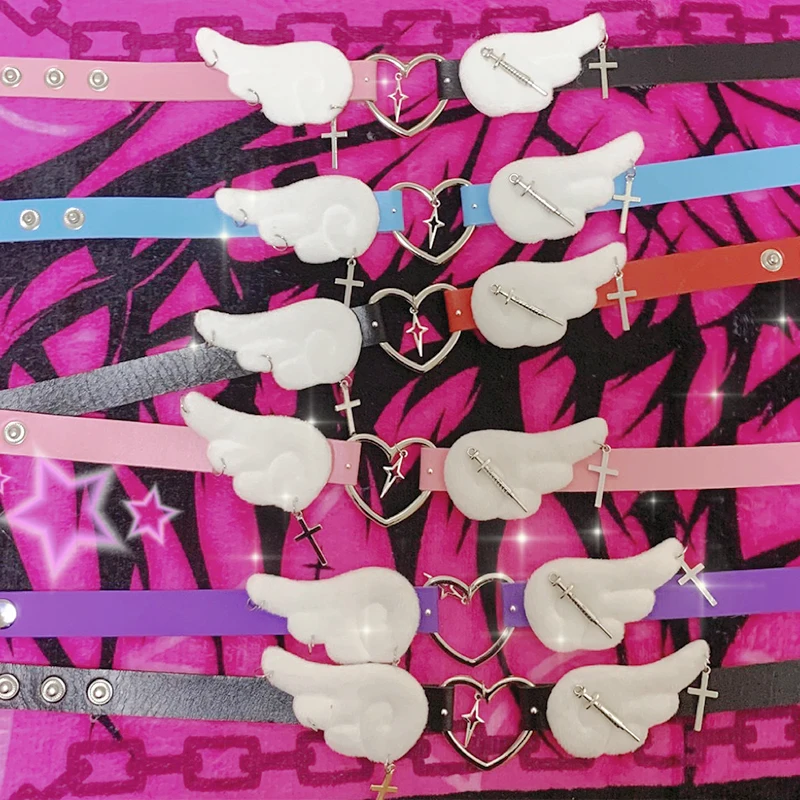 Grunge Jewelry Pink Wings Cross Choker Cosplay Sexy Accessory Harajuku Heart Pendant Necklace for Women Korean Fashion Necklace women jewelry