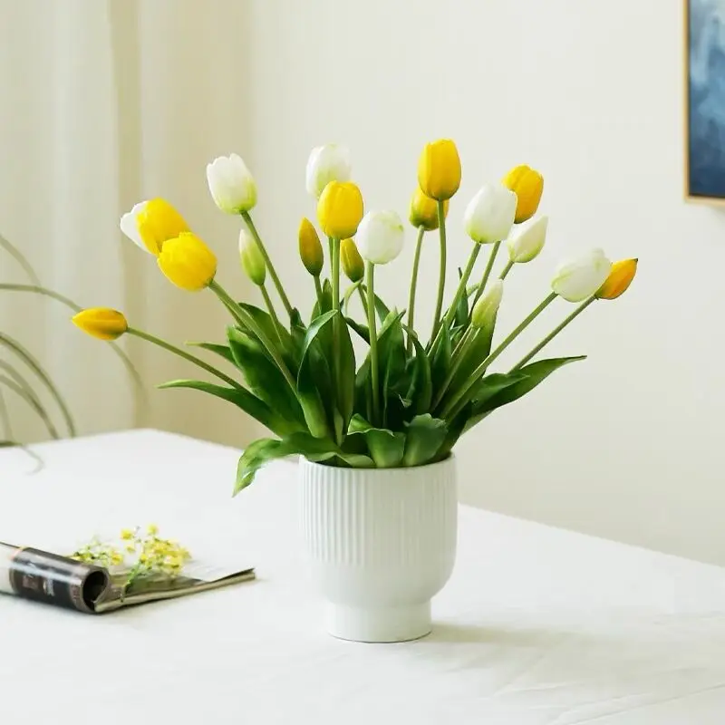 INDIGO-Bouquet Tulip Amarelo, Silicone Artificial, Toque Real,