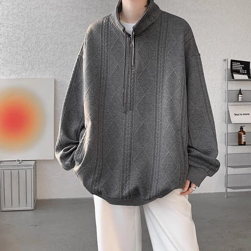 Spring Autumn Vintage Half Zip Long Sleeve Men Drawstring Sweatshirts Fashion Harajuku Oversized T Shirts Pullovers Black Beige