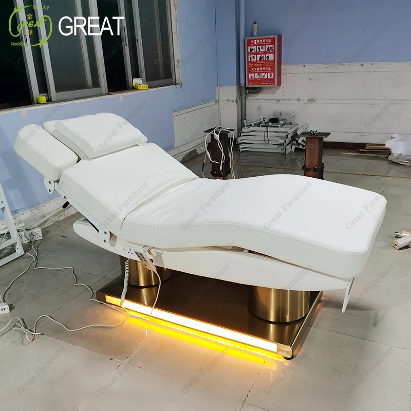 White Leather Gold Round Base Beauty Salon Eyelash Bed 3/4 Motors Electric Spa Equipment Massage Bed With Led Lighting d2 nail dryer drying led nail lamp uv lamp light for curing all gel nail polish with motion sensing manicure pedicure salon tool