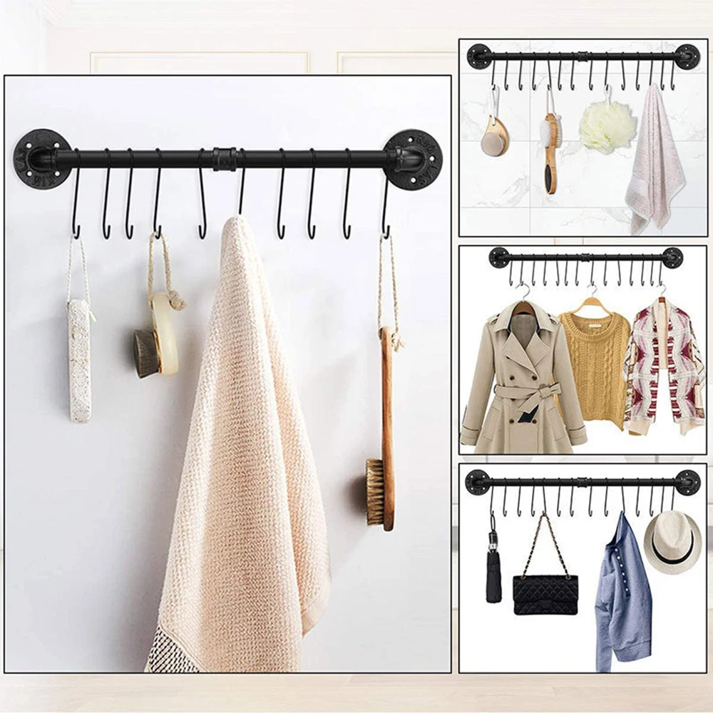 Wall Mounted Storage Rack with 10 Hooks Pan Pot Lid Shovel Spoon Organizer Hanging Iron Rack Kitchen Utensils 2