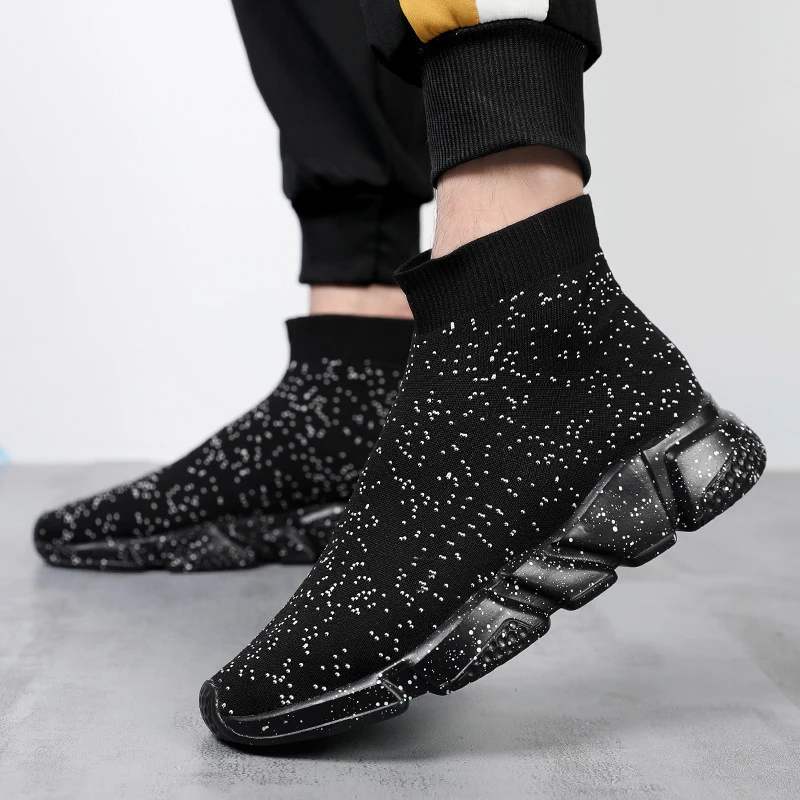 

Men High Top Sneakers Mesh Woven Socks Shoes Black Trainers Soft Comfortable Couple Casual Shoes Plus Size Women Slip-on Shoes