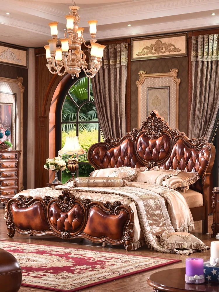 

Европейская кровать из цельной древесины, кожаная кровать, набор мебели для спальни, роскошная двуспальная кровать 2,2 метра, американская двуспальная кровать