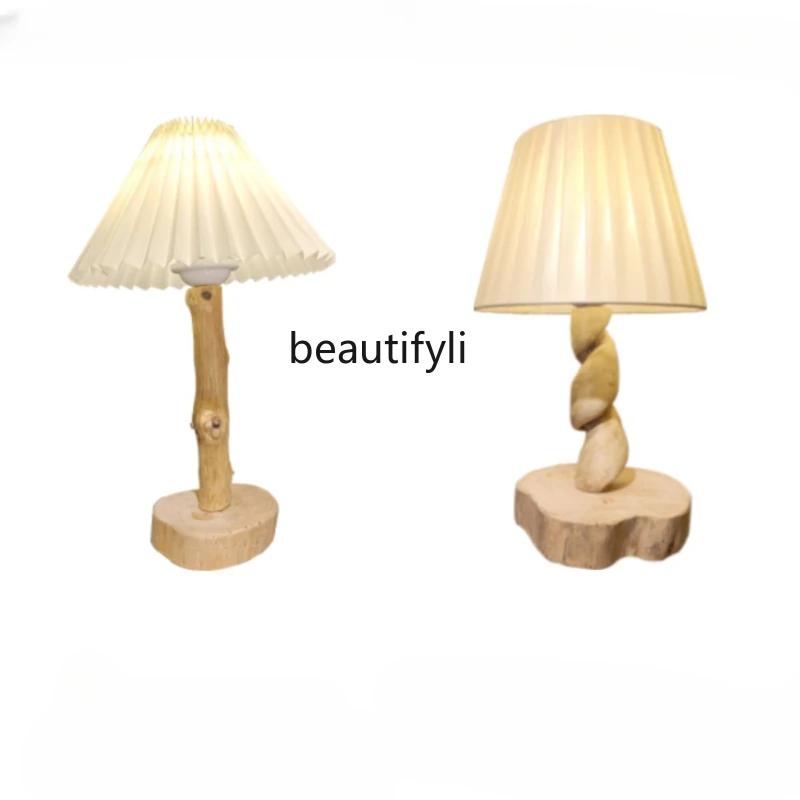 

Solid Wood Table Lamp Bedroom Girl Bedside Lamp Good-looking Decorative Pleated Dormitory Handmade Retro Small Night Lamp