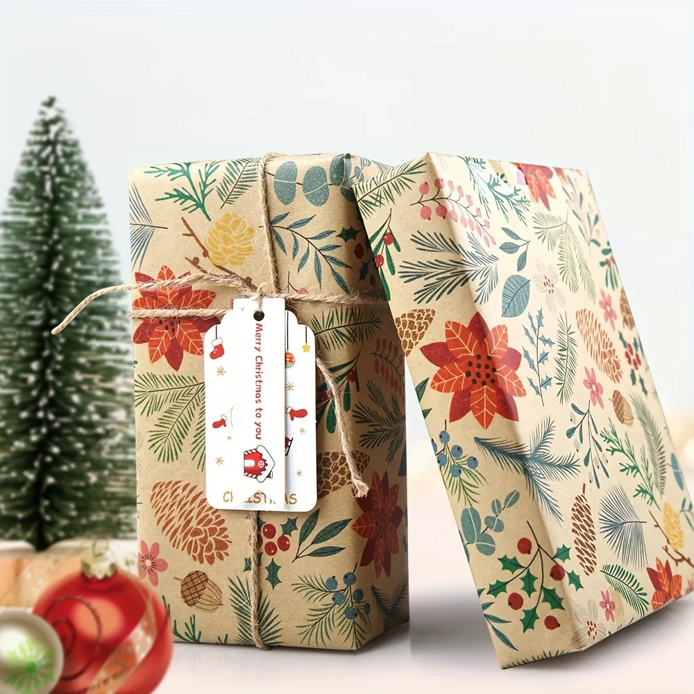 Christmas Gift Wrapping Paper, Dreamy Flower and Leaf Patterns, Vintage Kraft Paper Gift Paper, Pine Cone, Tree, Reindeer Design