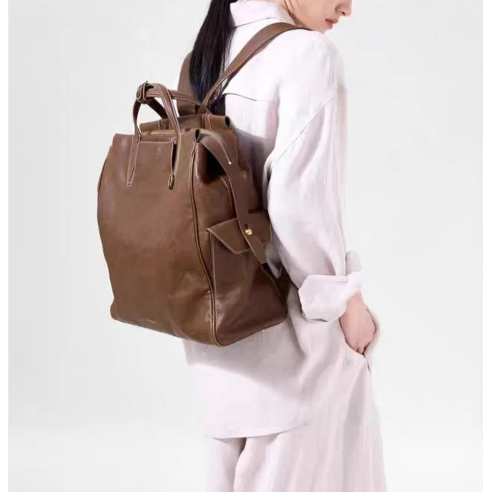 Unisex Leather Backpack Vegetable Tanned Leather Handbag_voghion.com