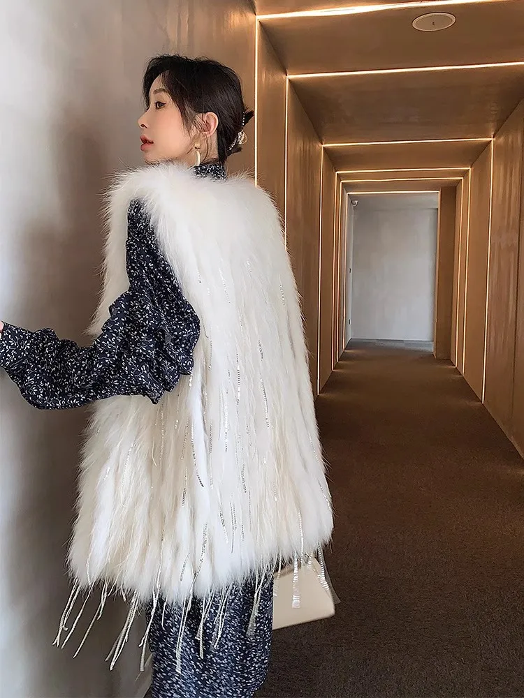 2023 Beautiful Womens Tassel Rabbit Fur Vest with Raccoon Trim - ursfur