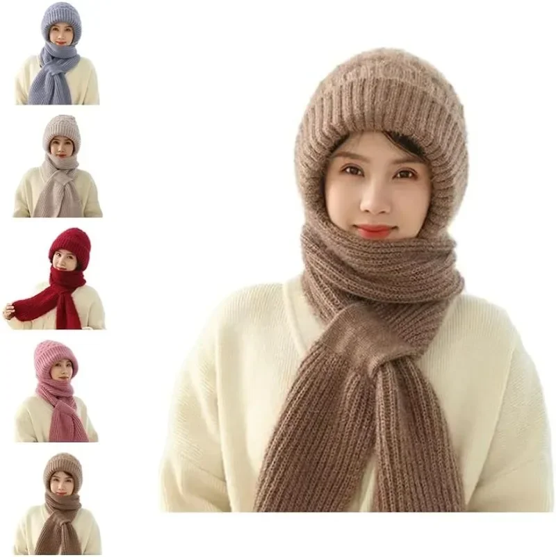 

Integrated Ear Protection Windproof Cap Scarf Thickened and Warm Knitted Hat Scarf Winter Hat and Scarf Set KnittingThickening