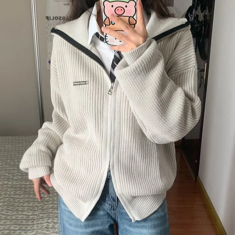 

Deeptown Women Zipper Sweater Cardigan Gray Korean Preppy Style Knitted Jackets Vintage Casual Female Jumper Streetwear Oversize