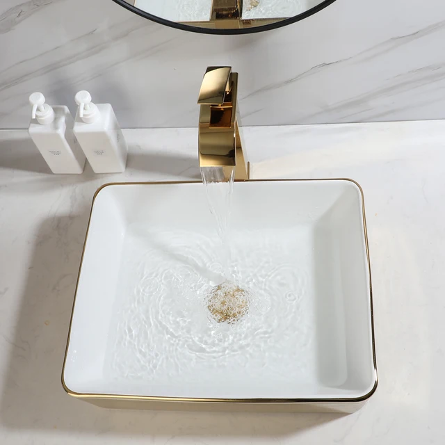YANKSMART ยุโรปสไตล์ชุดอ่างล้างจานห้องน้ําอ่างล้างหน้า Golden ก๊อกน้ํา Pop Up ท่อระบายน้ํา Combo High-end เซรามิคอ่างล้างหน้าก๊อกน้ําชุด 3
