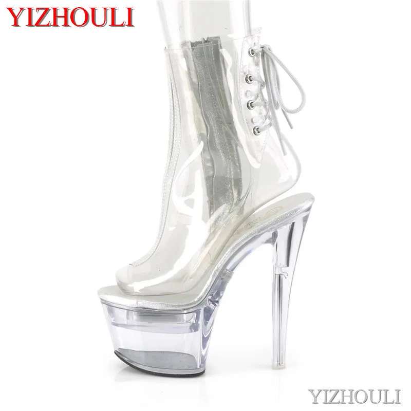 

Full transparent vamp 17cm, PU material 7 inch model stiletto heels, summer night club pole dancing ankle dance shoes