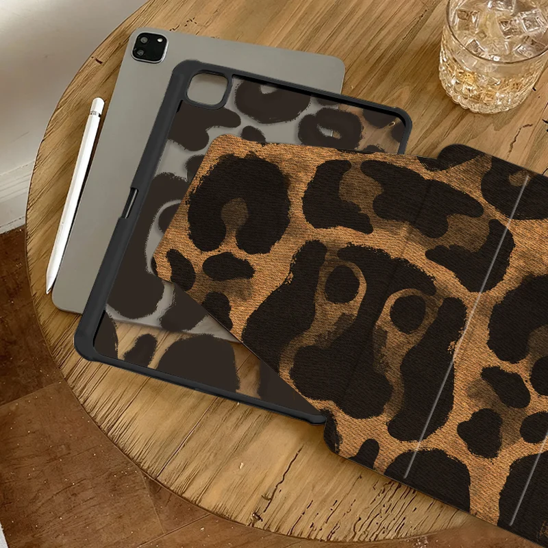 Denim Brown Leopard 360° Rotatable Tri-Fold Case with Pencil Slot and Auto Sleep/Wake Function