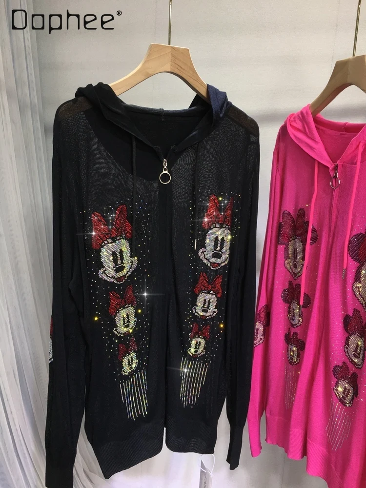 

Cute Cartoon Rhinestone Knitted Cardigan Women 2024 Spring and Summer Lightweight Hooded Long-Sleeved Sun Protection Shirt Top
