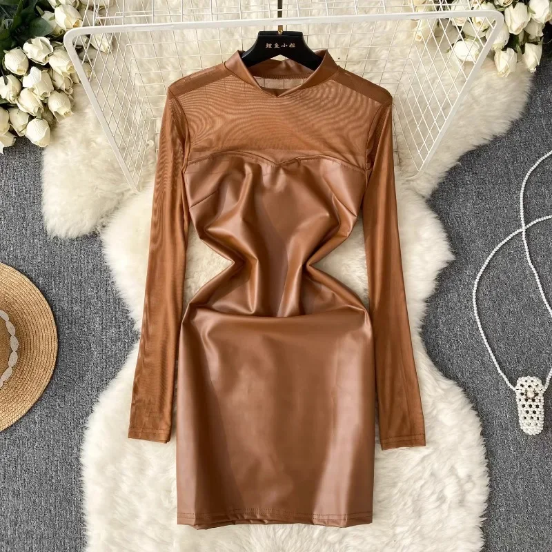 

American Retro Gothic Sexy Dresses Vintage Mesh Leather Patchwork Vestidos Dress for Female Temperament Royal Sister Dropship