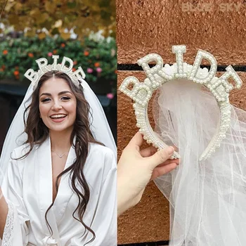 Bride To Be fascia per capelli con corona di perle con velo Mrs WIFEY accessori per capelli da sposa di lusso regalo per la decorazione della cena di fidanzamento di nozze