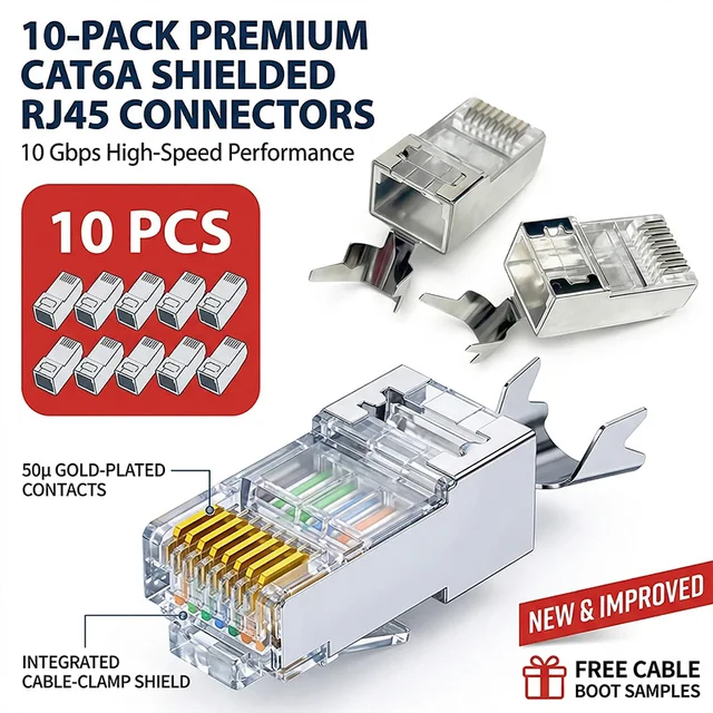 RJ45 Cat6A Shielded Pass Through Connector, 10Gbps Ethernet Plug with Gold Plated Contacts for Cat6 Cat6A Network Cable 1
