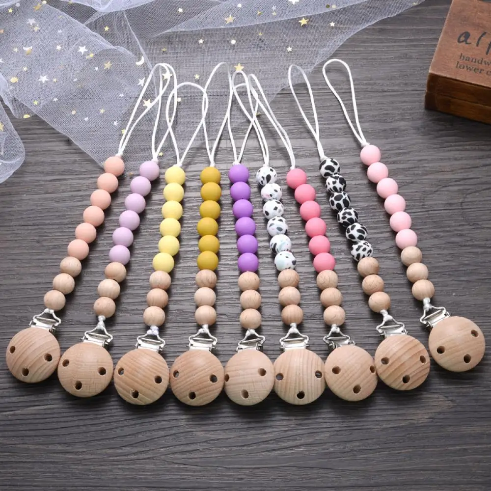 Baby Beech Pacifier Clip Round Colorful Silicone Teething Beads Food Grade Dummy Holder Soothe Chain Anti-drop Baby Nipple Chain 4