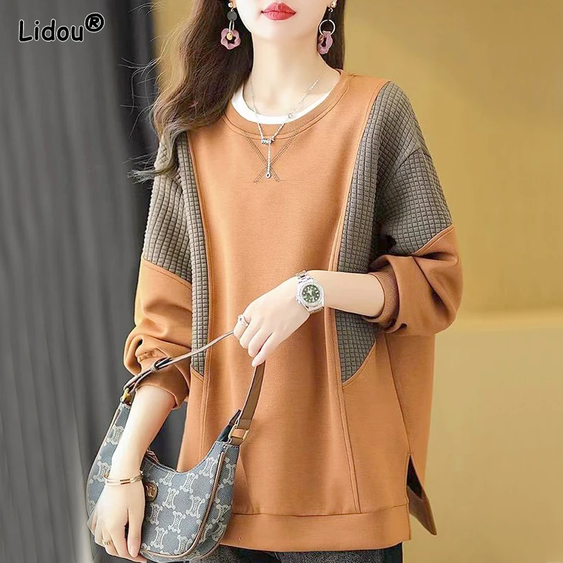 

2023 Korean Version Westernized Minimalist Round Neck Color Blocking and Patchwork Waffle Long Sleeved Casual Oversized Sweater