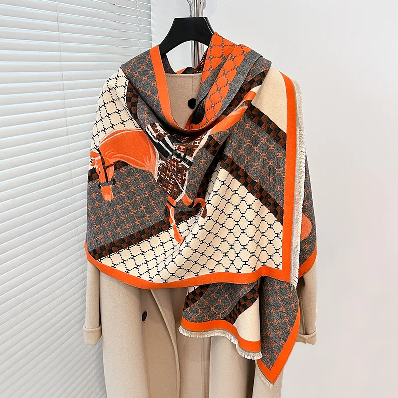 2024 Imitation Cashmere Soft Horse prints Print Scarf Women  Pashmina Wraps Hijab and Wraps Female Echarpe Scarves Luxury Brand