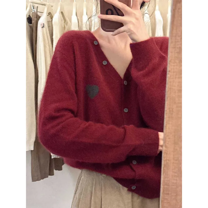 Women Red Long Sleeve Embroidery Knitted Sweater Tops
