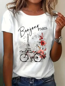 Fashion Bonjour Paris Text Print Short Sleeve Printed T Shirt  Casual Clothing Women's T-Shirt Graphic Clothing Top Tee 1