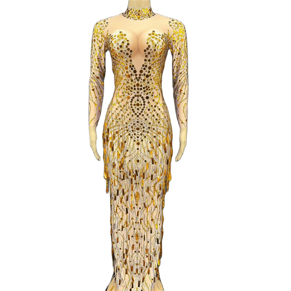 

Ladies Shining Rhinestones Tassel Neck-Mounted Ankle-Length Split Fork Dress Perspective Personality Performance Costume