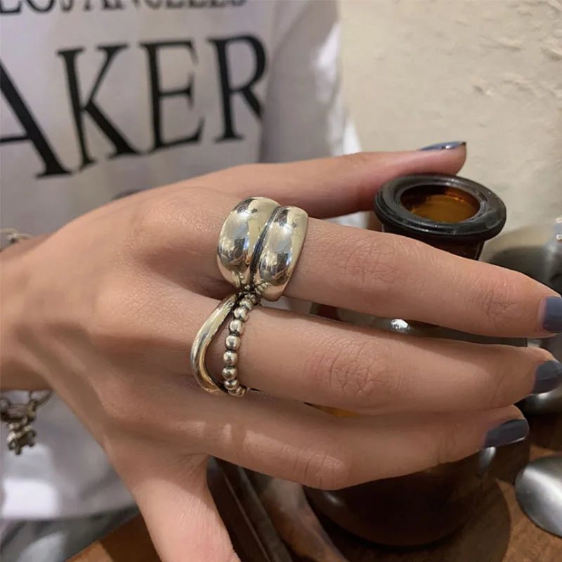 Silver Ring 925 Sterling Silver Ring Thick Simple Wave Light-shaped Solid Double-layer Rings Couple Women Gift