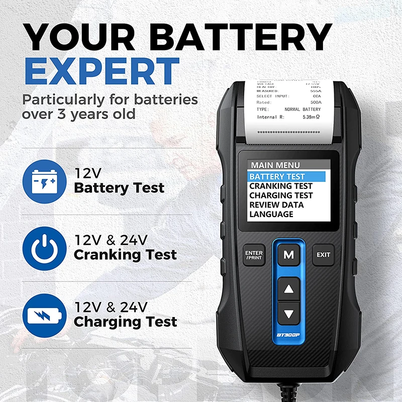 TOPDON BT300P Battery Tester with Printing 12V Digital Charging Cranking Test Tools for Car Auto Analyzer Vehicle 100-2000CCA 2