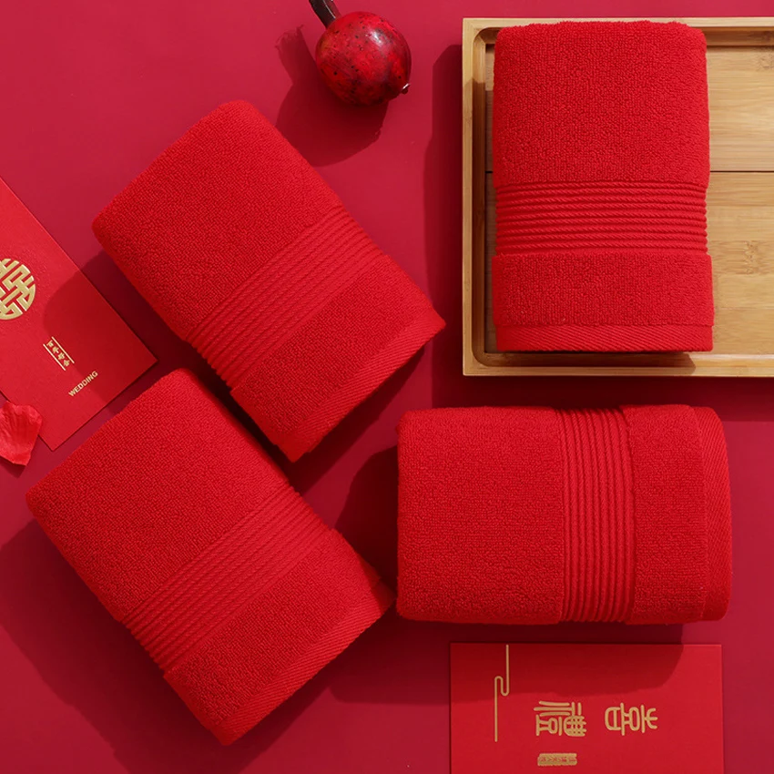 Red Cotton Towels Wedding Gift Face Towel Solid Color Soft Thick Towel 34*74cm for Adults Kids Home Bathroom Toalla Serviette 2