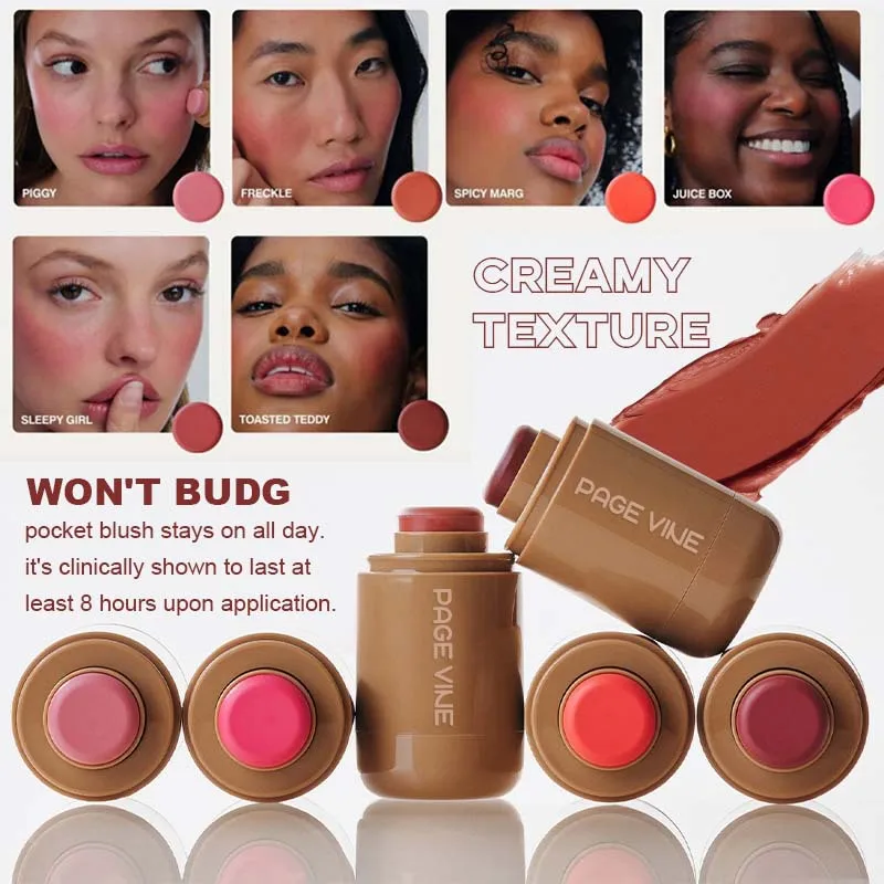 PAGE VINE Pocket Blush Stick Lip & Cheek Hydra Stick Highlighter Brightens Natural Hydrated Skin Creamy Blusher Cosmetics Makeup 2