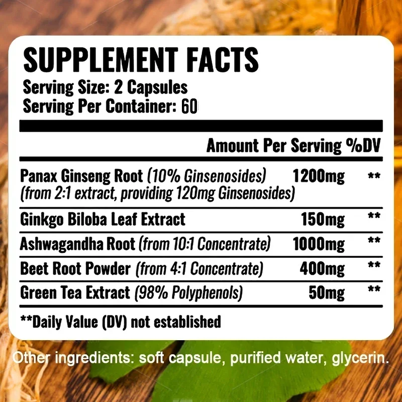 Ginseng + Ginkgo Biloba, Beetroot, Green Tea Helps with energy, endurance, blood circulation, and overall health