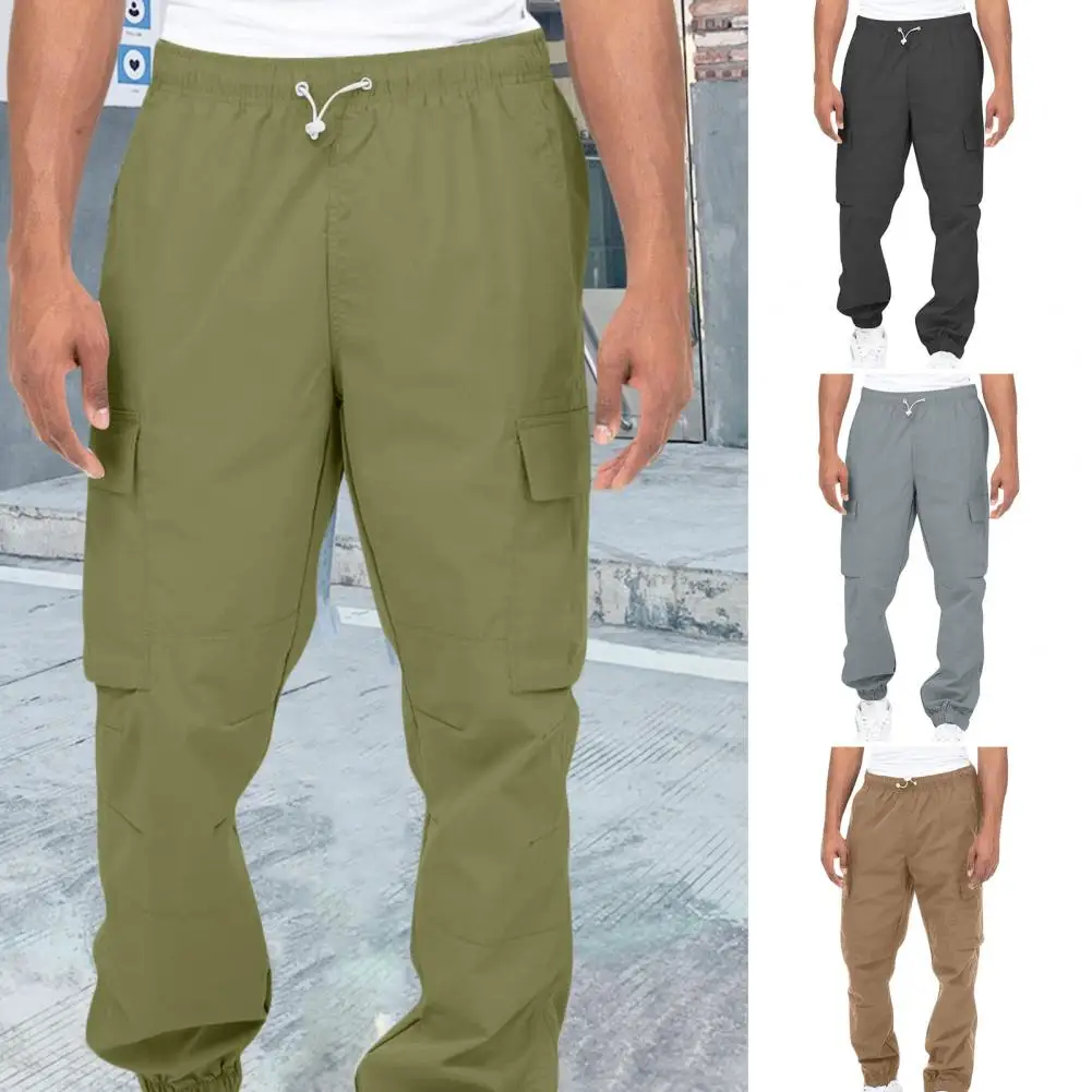 

Men Cargo Pants Casual Solid Color Multi Pockets Straight Leg Shrinkable Cuffs Long Trousers Streetwear pantalones hombre